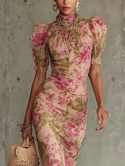 Fiora | Romantic Vintage Rose Puff Sleeve Maxi Dress