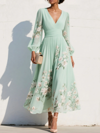 Maxi Pleated Chiffon Dress in Mint Green with Floral Print for Women