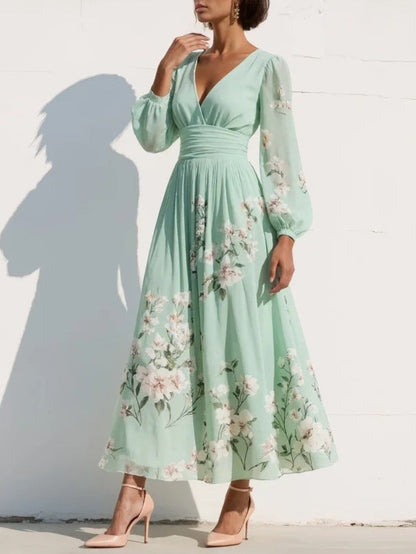 Maxi Pleated Chiffon Dress in Mint Green with Floral Print for Women