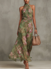 Serena — Elegant Floral Chiffon Halter Maxi Dress