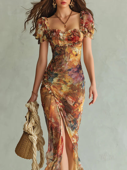 Viola | Long orange chiffon dress with bohemian-style oil painting print