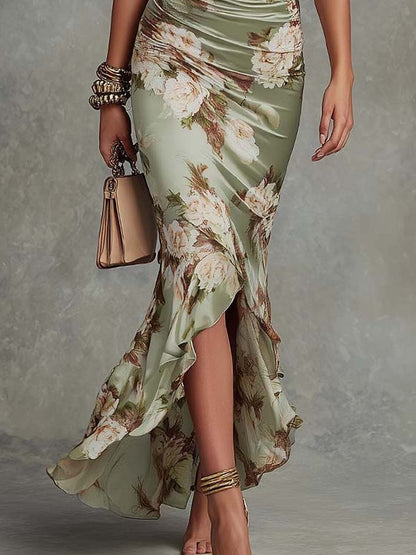 Anna | Asymmetrical Long Dress with V-Neck, Flared Puff Sleeves, and Floral Pattern