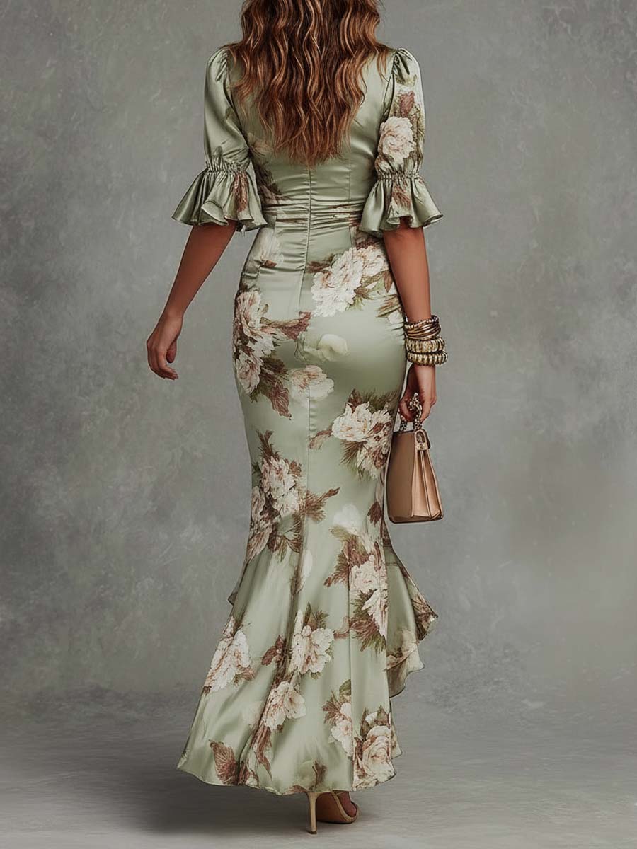 Anna | Asymmetrical Long Dress with V-Neck, Flared Puff Sleeves, and Floral Pattern