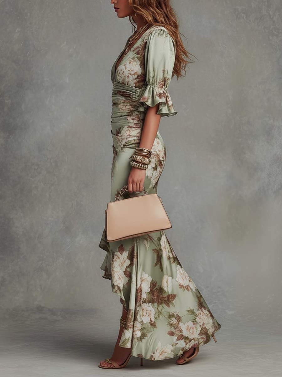 Anna | Asymmetrical Long Dress with V-Neck, Flared Puff Sleeves, and Floral Pattern