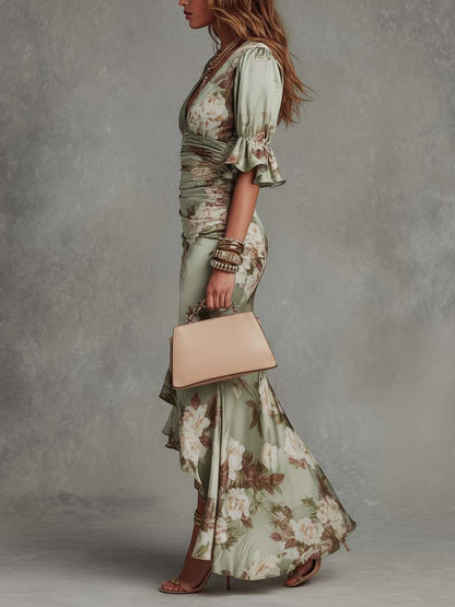 Anna | Asymmetrical Long Dress with V-Neck, Flared Puff Sleeves, and Floral Pattern