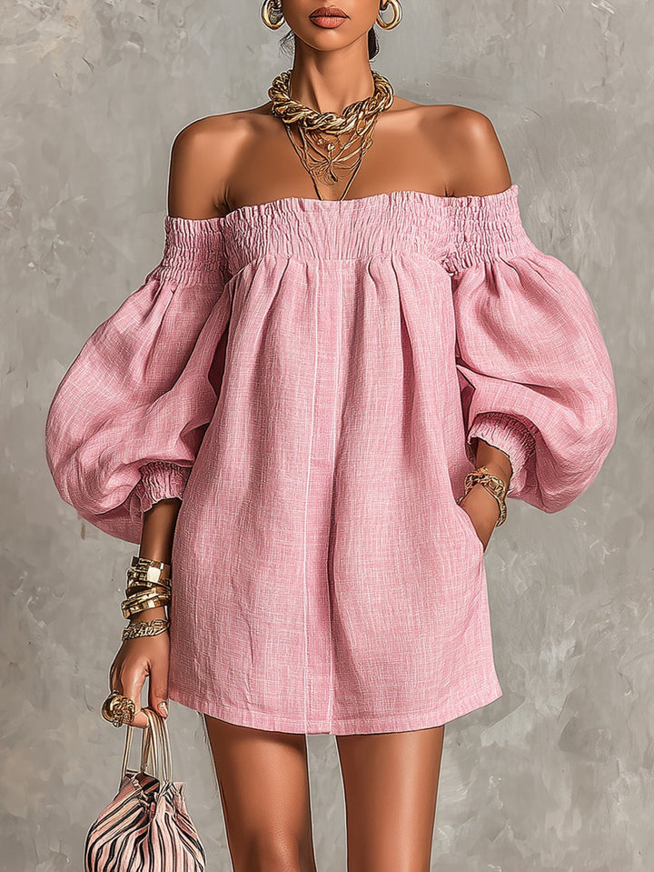 Violet Mini Dress — trapeze silhouette, lantern sleeves