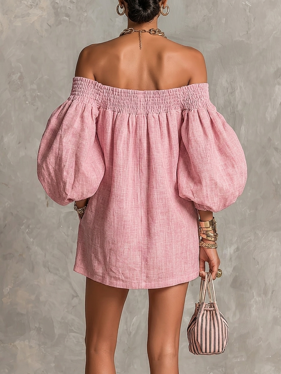 Violet Mini Dress — trapeze silhouette, lantern sleeves