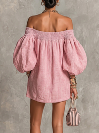 Violet Mini Dress — trapeze silhouette, lantern sleeves