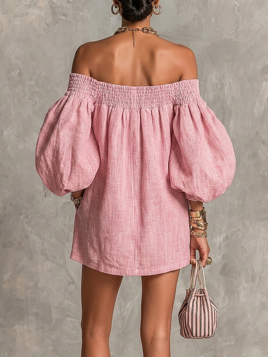 Violet Mini Dress — trapeze silhouette, lantern sleeves