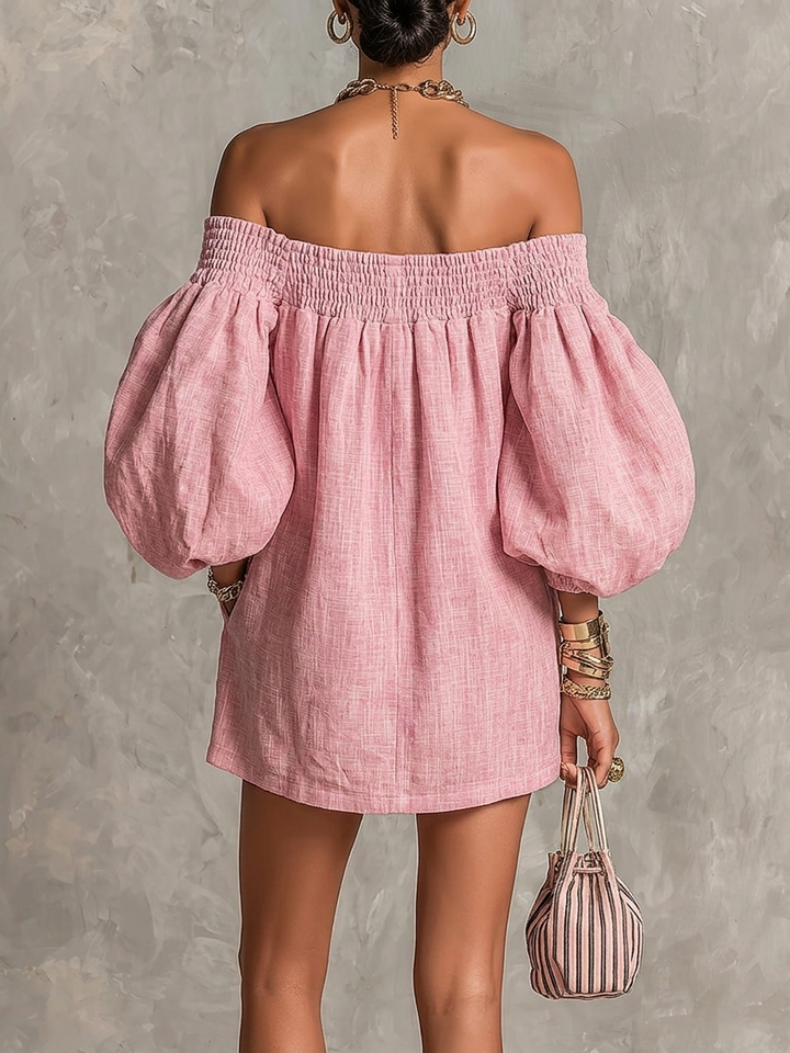 Violet Mini Dress — trapeze silhouette, lantern sleeves