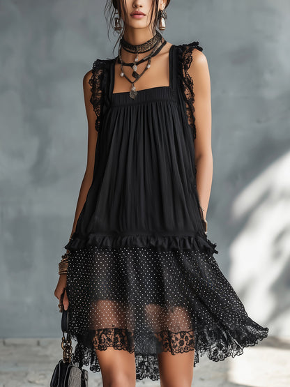 Pauline Mini Dress — sheer with polka dots, lace trim