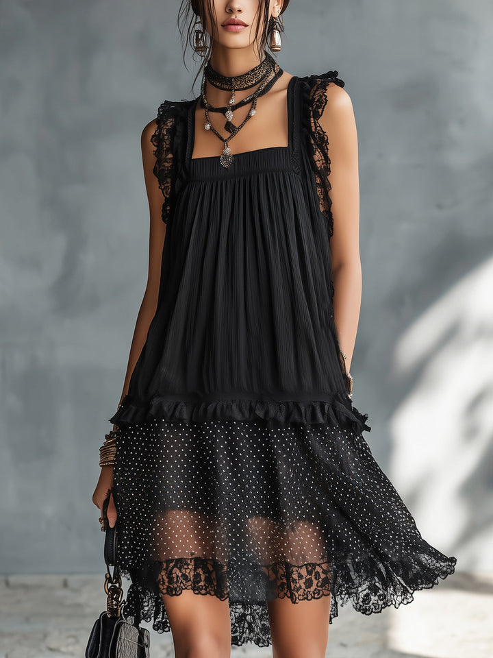 Pauline Mini Dress — sheer with polka dots, lace trim