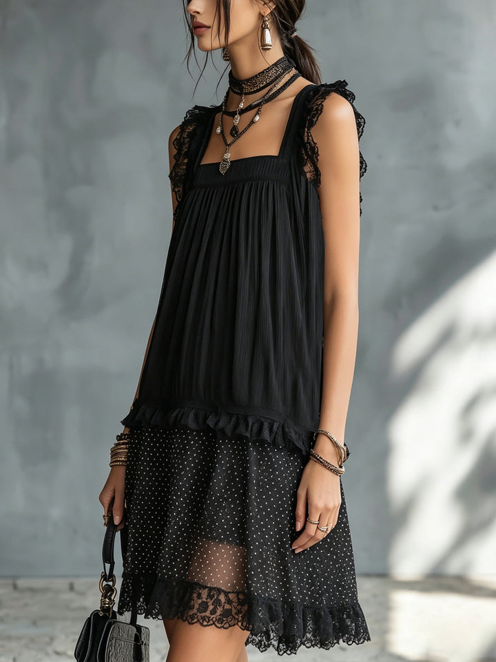 Pauline Mini Dress — sheer with polka dots, lace trim
