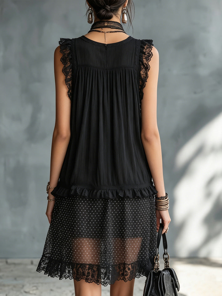Pauline Mini Dress — sheer with polka dots, lace trim