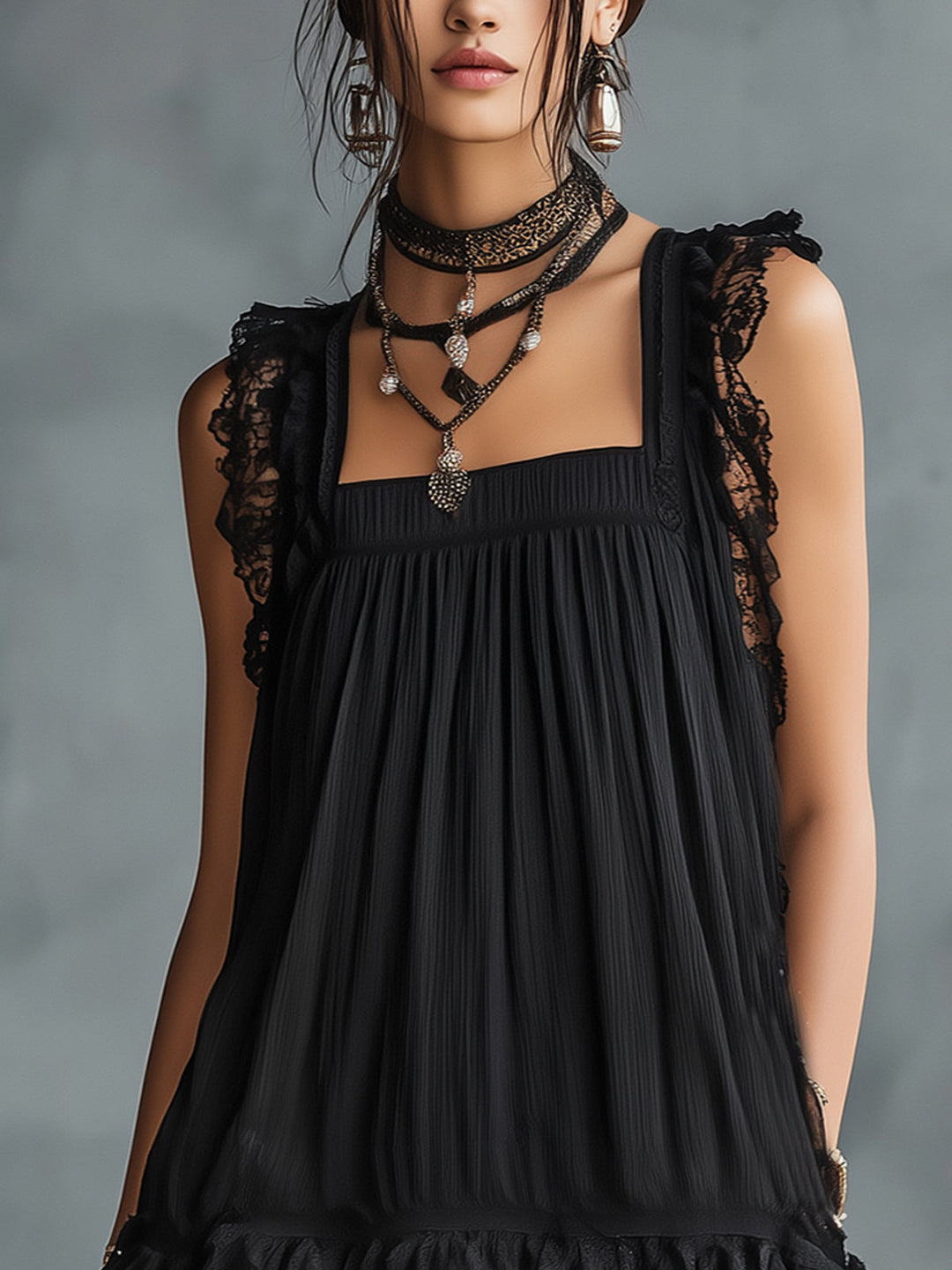 Pauline Mini Dress — sheer with polka dots, lace trim
