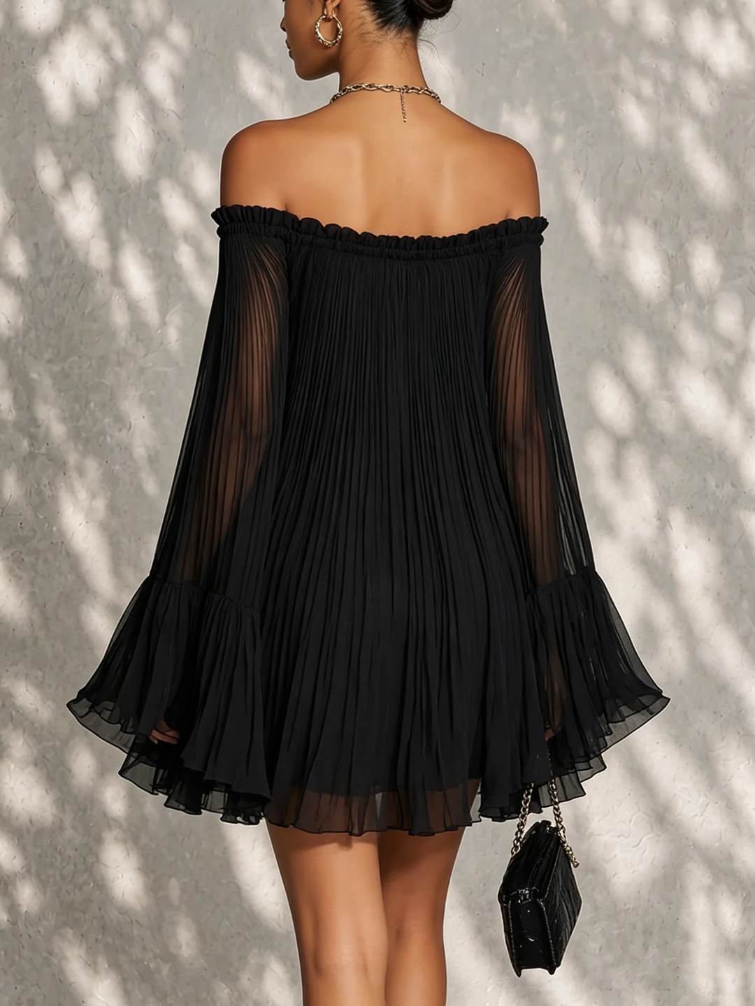Océane Mini Dress — bell sleeves, ruched shoulders