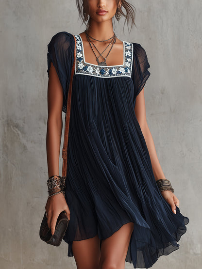 Apolline Mini Dress — embroidered pleated mousseline