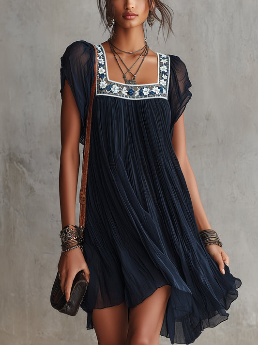 Apolline Mini Dress — embroidered pleated mousseline