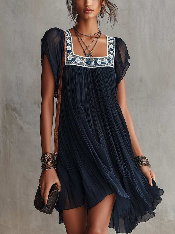 Apolline Mini Dress — embroidered pleated mousseline