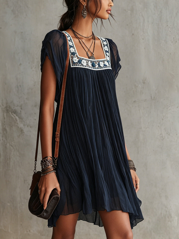 Apolline Mini Dress — embroidered pleated mousseline