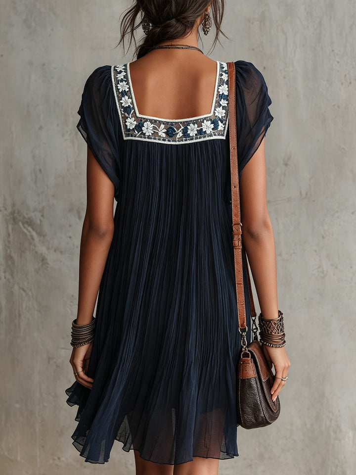 Apolline Mini Dress — embroidered pleated mousseline