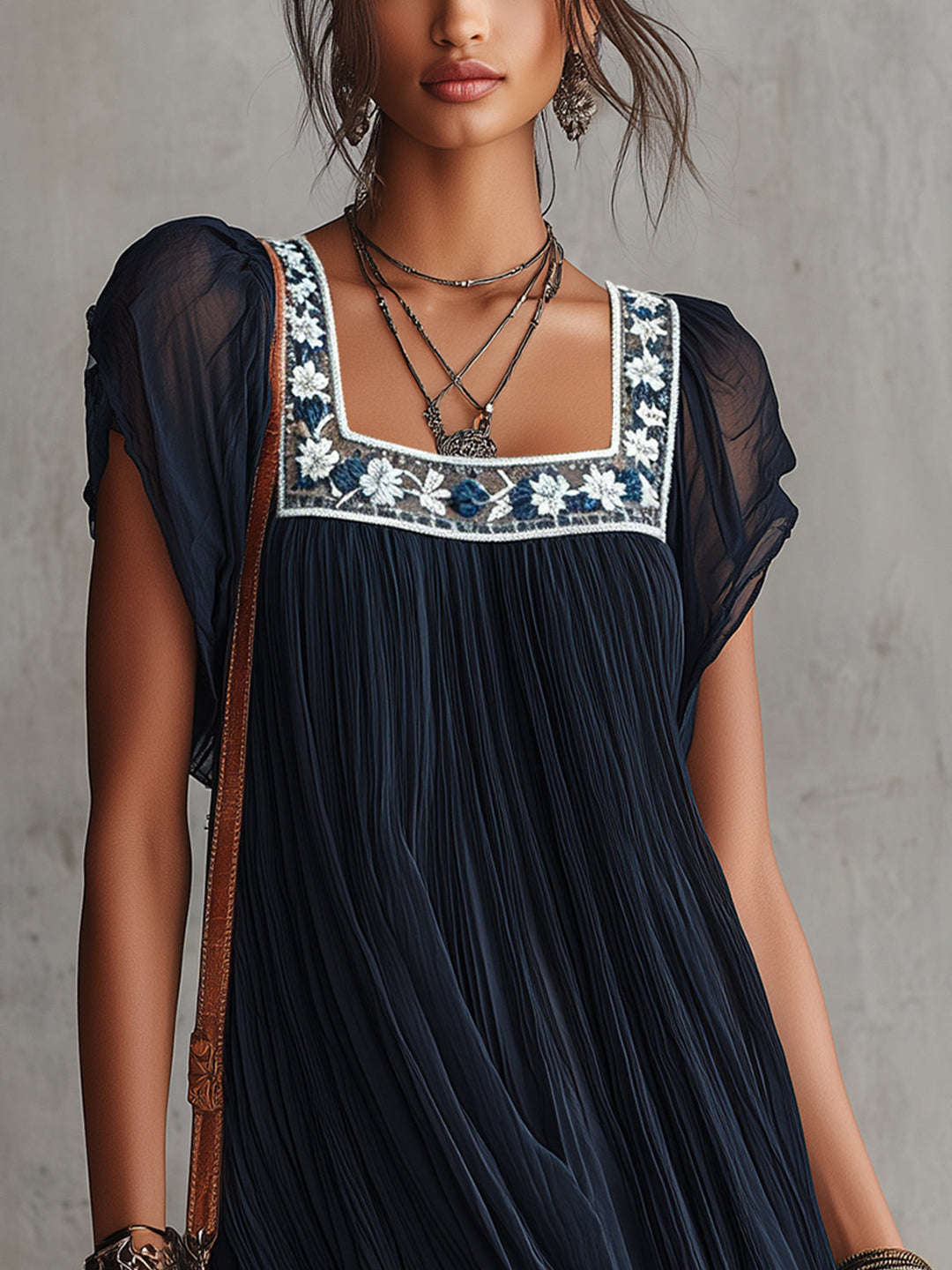 Apolline Mini Dress — embroidered pleated mousseline