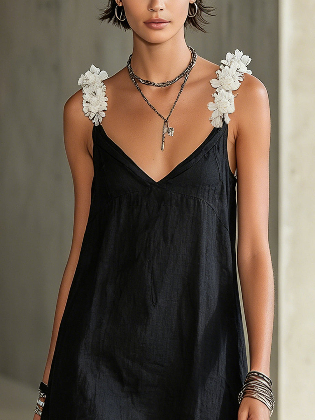 Noémie Mini Dress — V-neck, floral straps