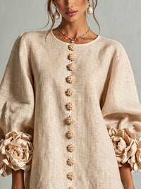 Beige Floral Button-down Mini Dress With Striking Floral Cuffs