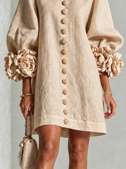 Beige Floral Button-down Mini Dress With Striking Floral Cuffs