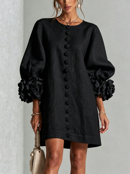 Black Floral Button-down Mini Dress With Striking Floral Cuffs