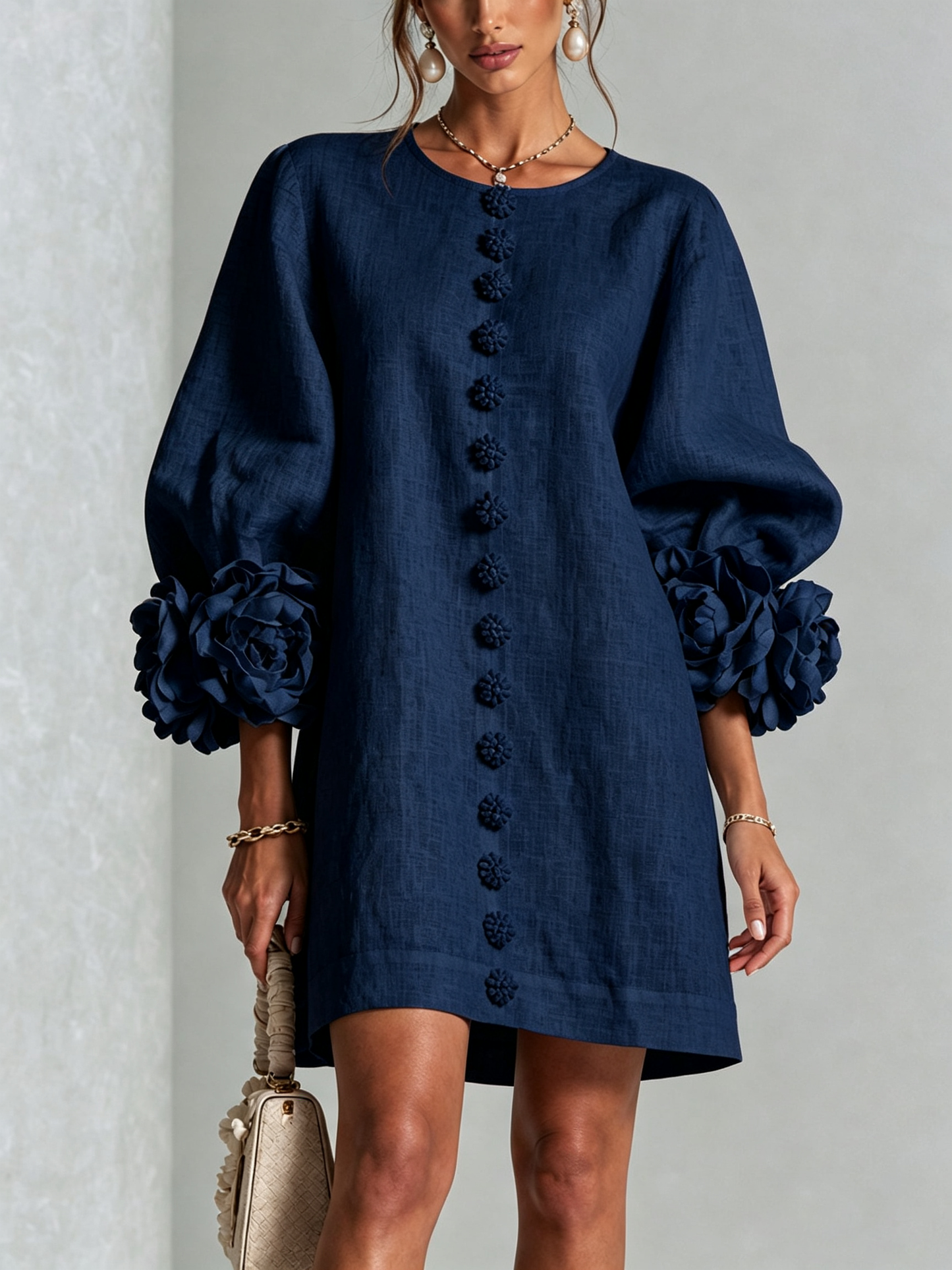 Navy Floral Button-down Mini Dress With Striking Floral Cuffs