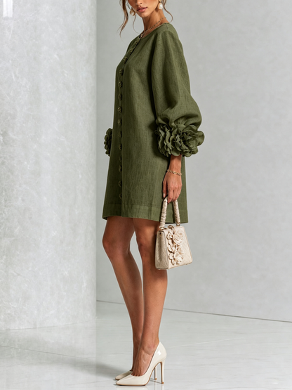 Olive Floral Button-down Mini Dress With Striking Floral Cuffs
