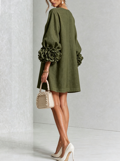 Olive Floral Button-down Mini Dress With Striking Floral Cuffs