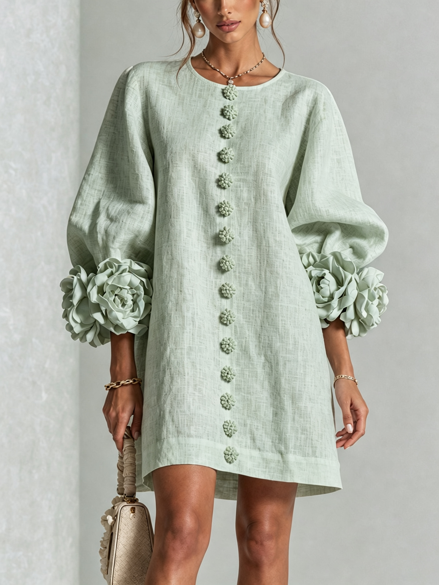 Sage Mist Floral Button-down Mini Dress With Striking Floral Cuffs