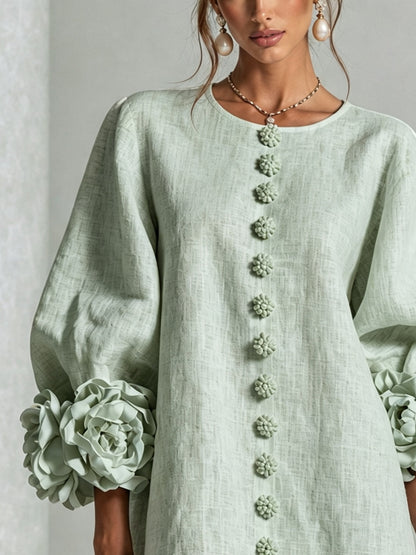 Sage Mist Floral Button-down Mini Dress With Striking Floral Cuffs
