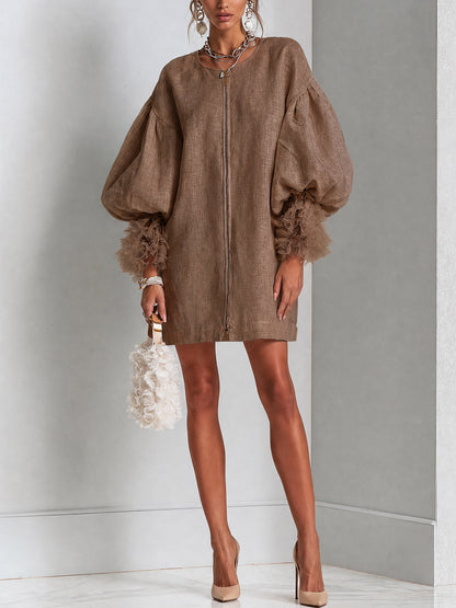 Brown Zip-Front Balloon Sleeve Mini Dress With Pleated Ruffle Cuffs