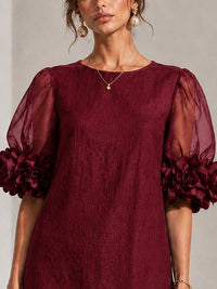 Burgundy Organza Puff-sleeved Mini Dress With Striking Floral Cuffs