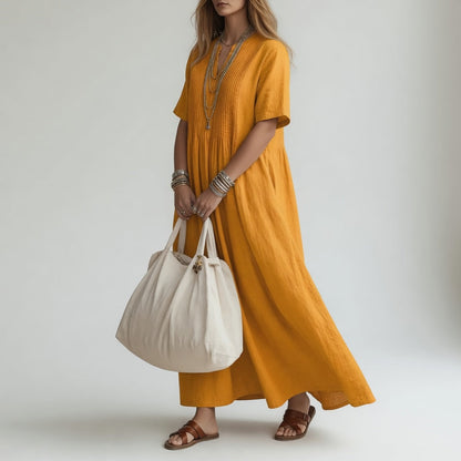 Pélagie™ — Long cotton dress, V-neck, summer freedom
