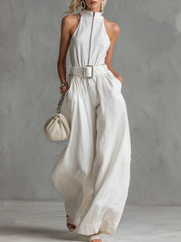 Elegant City Jumpsuit – Belted, Sleeveless, Wide-Leg Fit