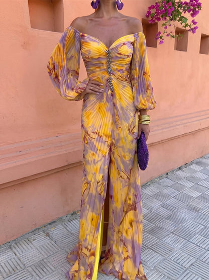 Gregoria™ | Long Floral Dress with Deep Neckline