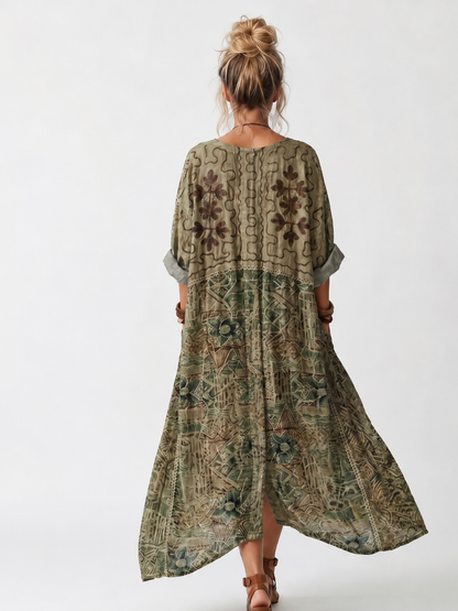 Aleta | Button Front Embroidered Oversized Pocket Midi Dress