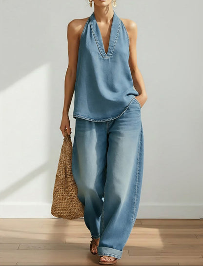Saylor - Vintage Washed Soft Denim-Look Two-Piece Set