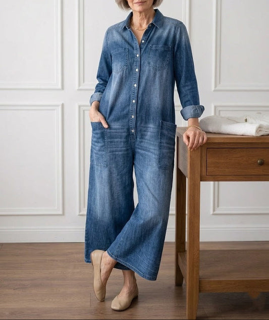 Saylor - Vintage Washed Soft Cotton Denim Jumpsuit with Button Closure